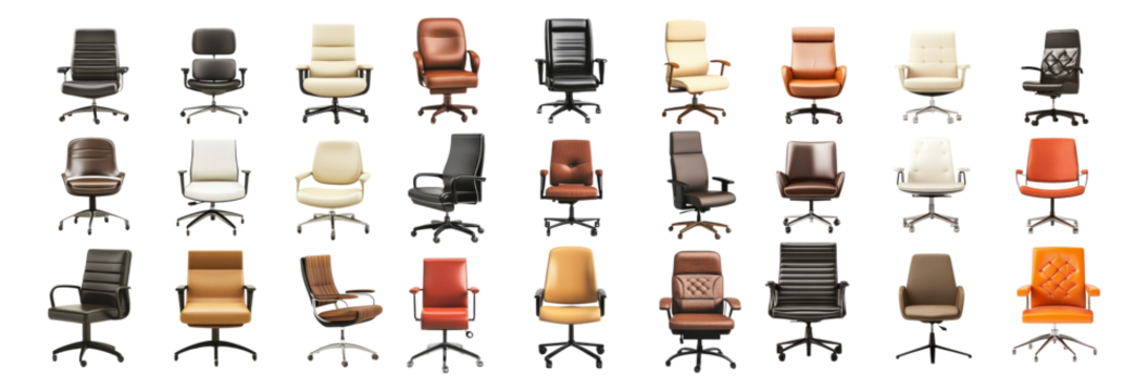 Variety of Ergonomic Office Chairs for Modern Workspaces and Designs, Isolated on Transparent, white background