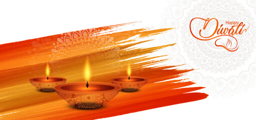 Diwali Festival Celebration Background with Floating Glowing Diyas, Bright Orange Brush Stroke Texture, Warm Festive Light Glow, and Indian Holiday Celebration Design