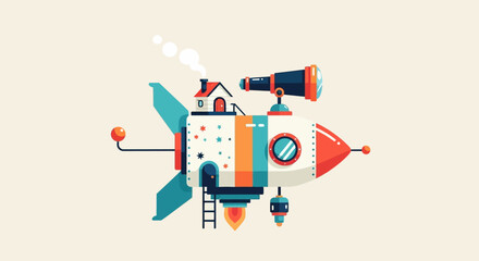 Whimsical Rocket Ship with House and Telescope.