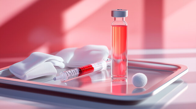 A medical syringe and a vial of vitamin B12 on a metal tray