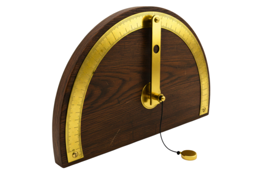 Old-fashioned wooden and brass inclinometer for measuring angles isolated on a transparent background
