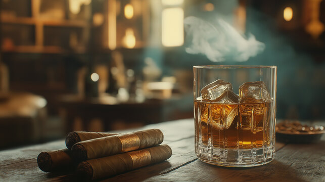Whiskey glass with cigars on wooden table in lounge