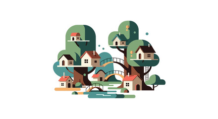 Whimsical Treehouse Village Illustration with Houses and Bridges.