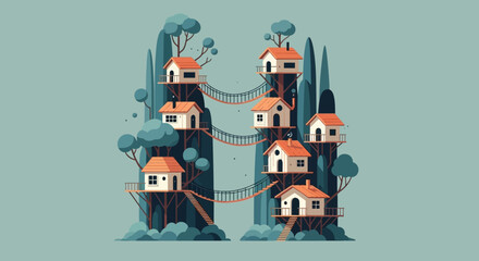 Whimsical Treehouse Village Connected by Bridges on Rocky Peaks.