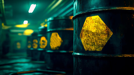 Toxic waste barrels in dark industrial storage room