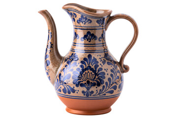 Vintage ceramic water pitcher with a blue floral folk pattern isolated on a transparent background