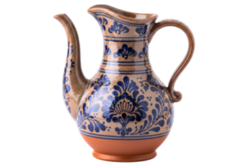 Vintage ceramic water pitcher with a blue floral folk pattern isolated on a transparent background