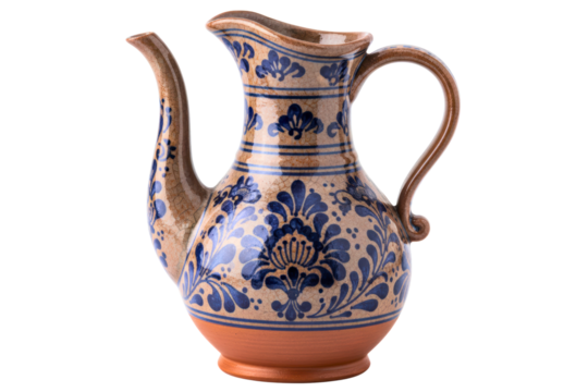Vintage ceramic water pitcher with a blue floral folk pattern isolated on a transparent background