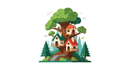Whimsical Treehouse Village with Multiple Homes Nestled in a Large Tree.