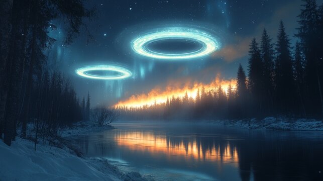 Futuristic glowing UFOs hovering above a snowy forest night sky, reflecting luminous circular lights over a calm river with mysterious atmosphere and surreal otherworldly sci-fi cinematic scene
