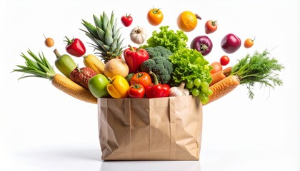 Fresh vegetables and fruits spilling out of a brown paper bag on a white surface, showcasing vibrant colors and healthy eating, creating a clean and inviting image.