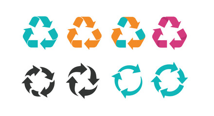 Colorful recycling symbol variations and their black and teal counterparts