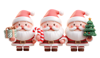  3d cartoon character design, three cute santa claus figures holding candy canes and a christmas tree in their hands, isolated on a Transparent background PNG