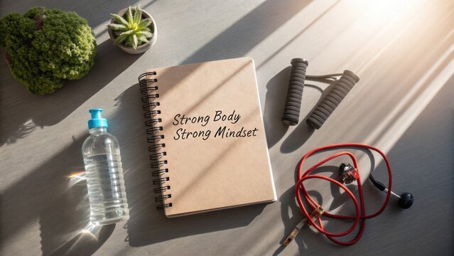 Inspirational workspace with notebook, water bottle, and fitness equipment for healthy lifestyle motivation