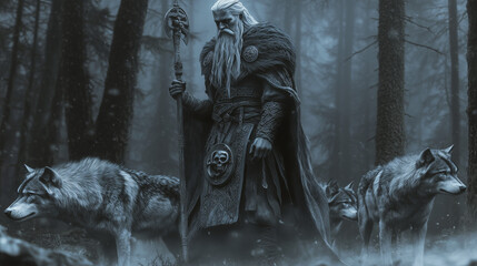 God Odin with wolves in a dark mystical forest