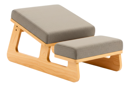 Ergonomic kneeling chair with a wooden frame and gray cushions isolated on a transparent background