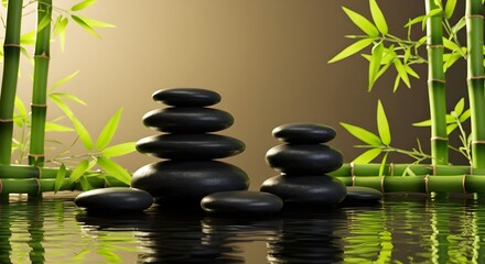 Obraz premium Serene composition of black stones and green bamboo illuminated by warm golden light, symbolizing balance and calm. AI generated image.