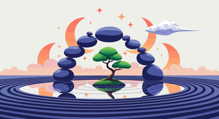 Zen Garden - Bonsai Tree, Stone Arch, and Tranquil Reflection.