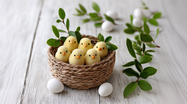 Easter Chicklings in Nest: A delightful tableau of fluffy chicklings nestled in a woven basket, surrounded by delicate greenery and pristine eggs, evoking the joyful essence of spring.