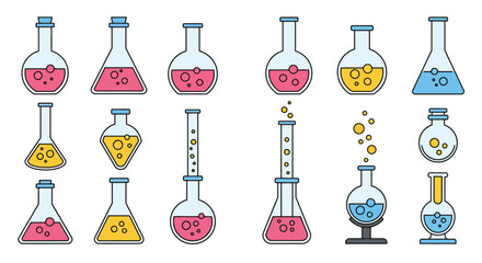 Colorful collection of laboratory flasks and beakers with various liquids inside