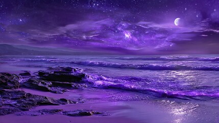A mesmerizing purple beach scene at night, featuring a starry sky, moonlit waves, and dramatic coastal rocks.