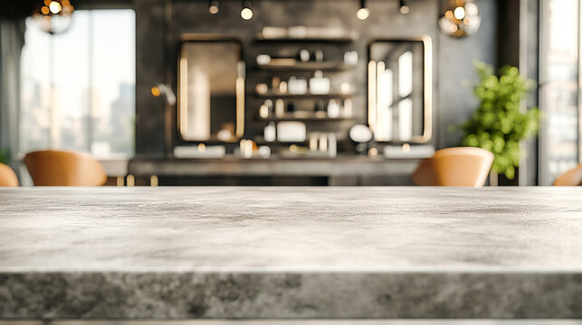 Concrete Countertop with Blurred Beauty Salon Background – Empty Studio Tabletop Mockup for Cosmetic Product Presentation