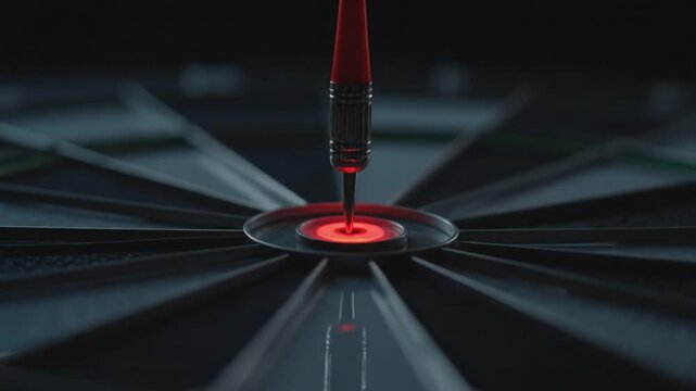 Close up view of dartboard featuring red dart poised to hit bullseye, showcasing precision and focus in game of darts, emphasizing target against dark background for dramatic effect