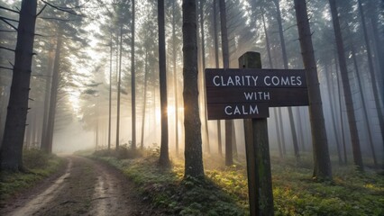 Serene Forest Path with Inspirational Sign in Misty Morning Light, Nature's Calm and Clarity in the Woods