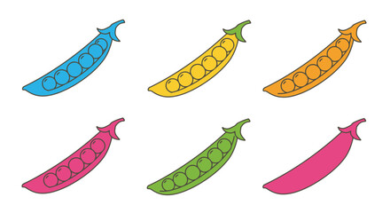 Colorful illustration of six peas in different hues and arrangements