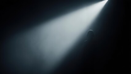 Silhouette of a person in a spotlight, radiating beams of light against a black backdrop