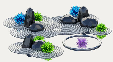 Zen Garden Arrangement with Rocks, Spheres, and Mirror.