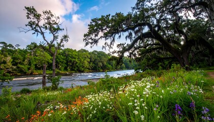 Scenic Landscape Depicting a River, Trees, and Floral Meadow