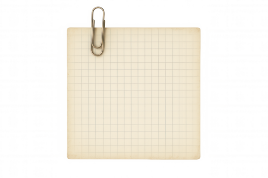 Blank vintage grid paper with paper clip, creating space for message, idea, or reminder, on transparent background