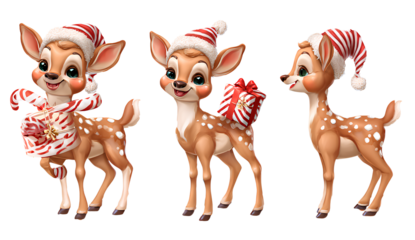 cute christmas deer with santa hat, candy cane, and gift box vector cartoon character set isolated on a Transparent background PNG