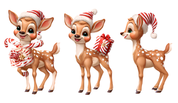 cute christmas deer with santa hat, candy cane, and gift box vector cartoon character set isolated on a Transparent background PNG