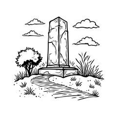 Serene illustration of an aged obelisk with a stone pathway amid natural elements and cloudscape