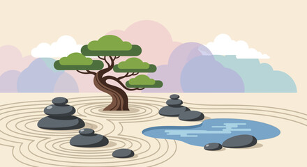 Zen Garden with Stacked Stones and Bonsai Tree.