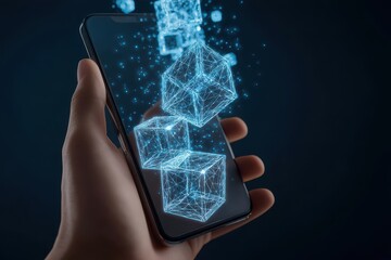 Lowpoly animation showcases spinning blockchain cubes emerging from a smartphone display in a dark environment