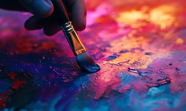 Close-up of Hand Using Paintbrush on Vibrant Color Palette. Generative With Ai
