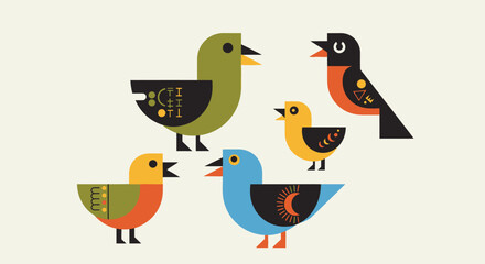 A collection of colorful stylized birds in a geometric folk art illustration.