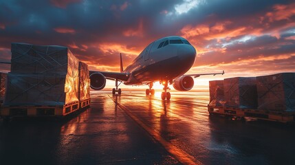 Cargo airplane on runway at sunrise, large shipping containers in foreground, global trade, logistics, export, import, international delivery, transportation industry, supply chain, worldwide commerce