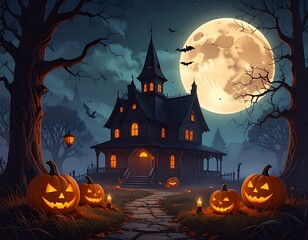 AI Generative A spooky Halloween night scene featuring a haunted house, jack-o'-lanterns, and a full moon.