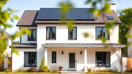 Modern house with solar panels on roof, clean architectural lines, sustainable living concept.