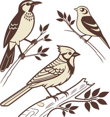 Vector illustration of birds Blue Jay and Rufous-collared sparrow on a tree branch, a drawing of nature, wildlife, and a silhouette design.