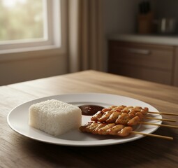Grilled pork skewers served with sticky rice and dipping sauces—classic Thai street food with bold flavor and clean presentation