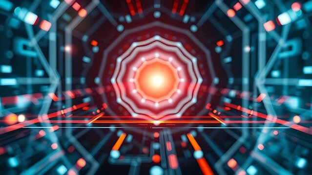 Abstract geometric patterns and light trails in modern tech aesthetic.