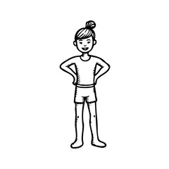 Smiling young girl standing confidently with hands on hips in a simple cartoon illustration style