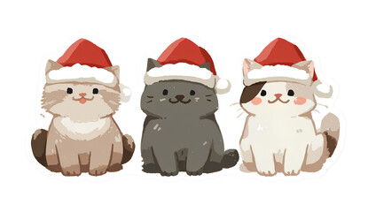  three cute cats wearing santa claus hats, in a clip art sticker style with a Transparent background PNG