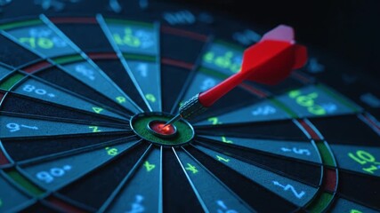 Close up view of dartboard with red dart hitting bullseye, showcasing precision and focus competitive game of darts. Dark background enhances vibrant colors, creating engaging atmosphere for sport - Powered by Adobe
