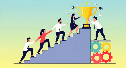 Teamwork Climbing Stairs Towards Golden Trophy Success.